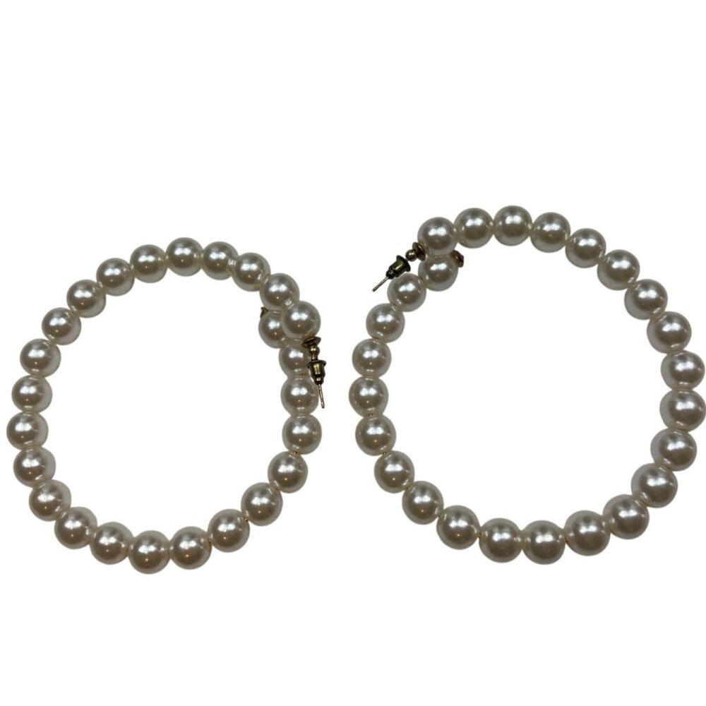 Vintage Faux Pearl Hoop Earrings With Gold-Tone Accents 3 inch A324